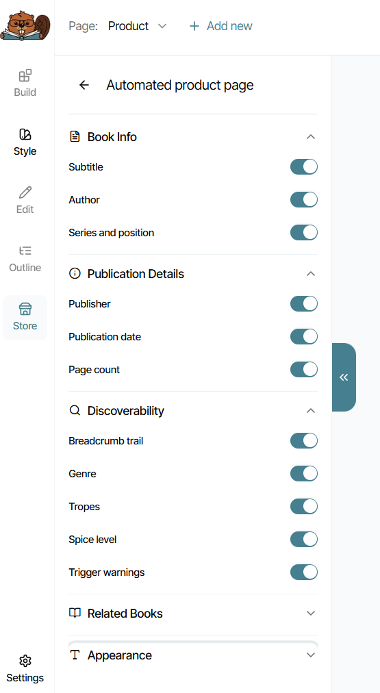 The Store tool's Automated Product Page options all open with each display option toggled to ON.