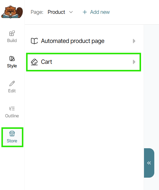 The Builder's Store tool highlighted, showing the Cart option also highlighted.