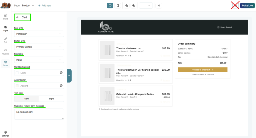 The Cart option open in the Page Builder, with all the design options highlighted on the left side.