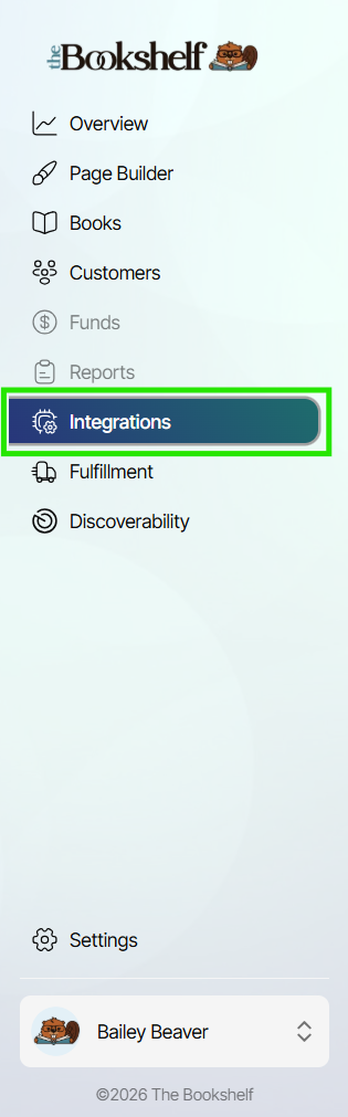The Bookshelf main dashboard menu with the Integrations option highlighted.