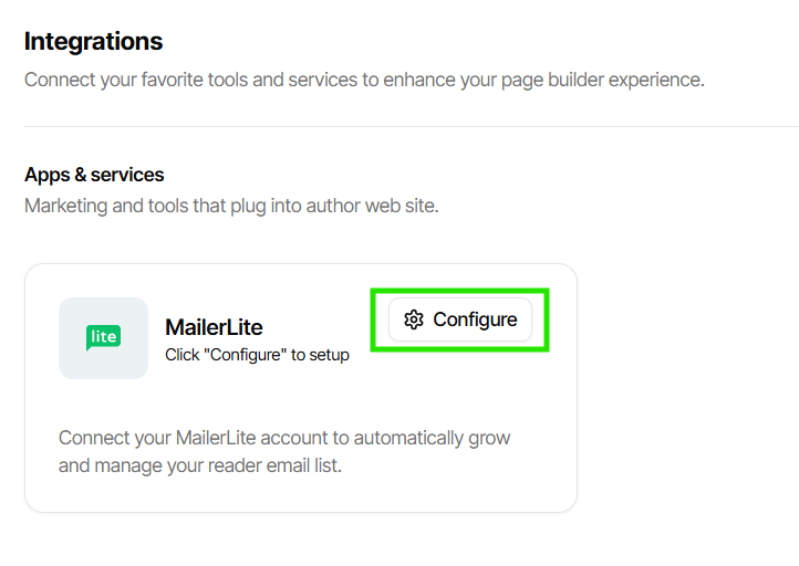 The MailerLite option with the "Configure" button highlighted.