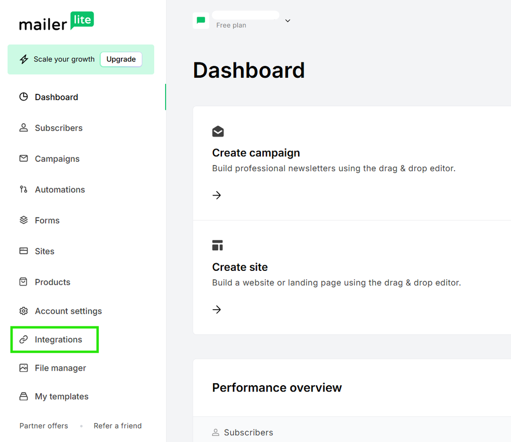 An example MailerLite account dashboard open with the Integrations option highlighted.