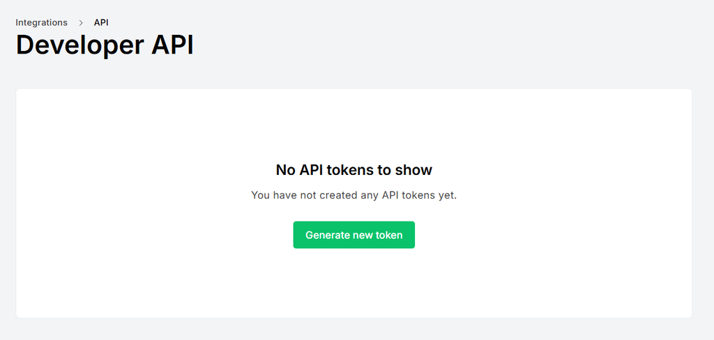 An example of "No API tokens to show" inside a MailerLite account.