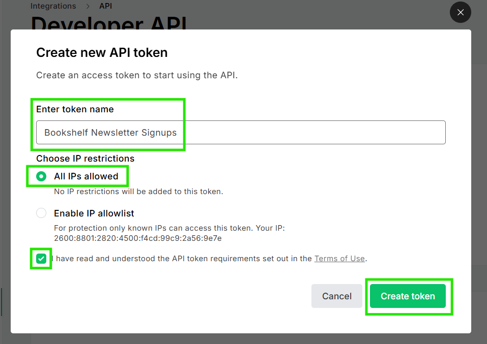 The "Create a new API" modal open with "Enter token name," "All IPs allowed, the Terms and Conditions checkbox, and the "Create token" button all highlighted.