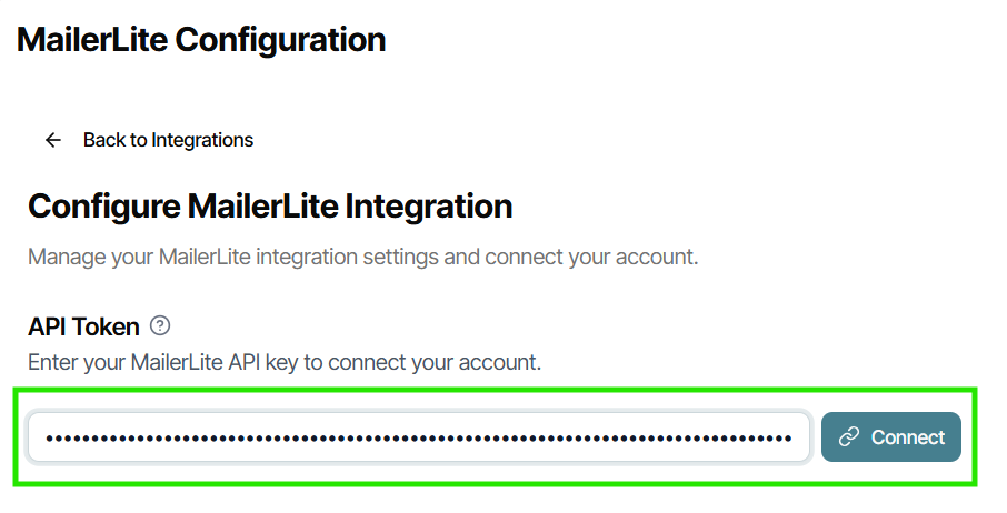 The Bookshelf's MailerLite Configuration page showing an example redacted API token pasted in.