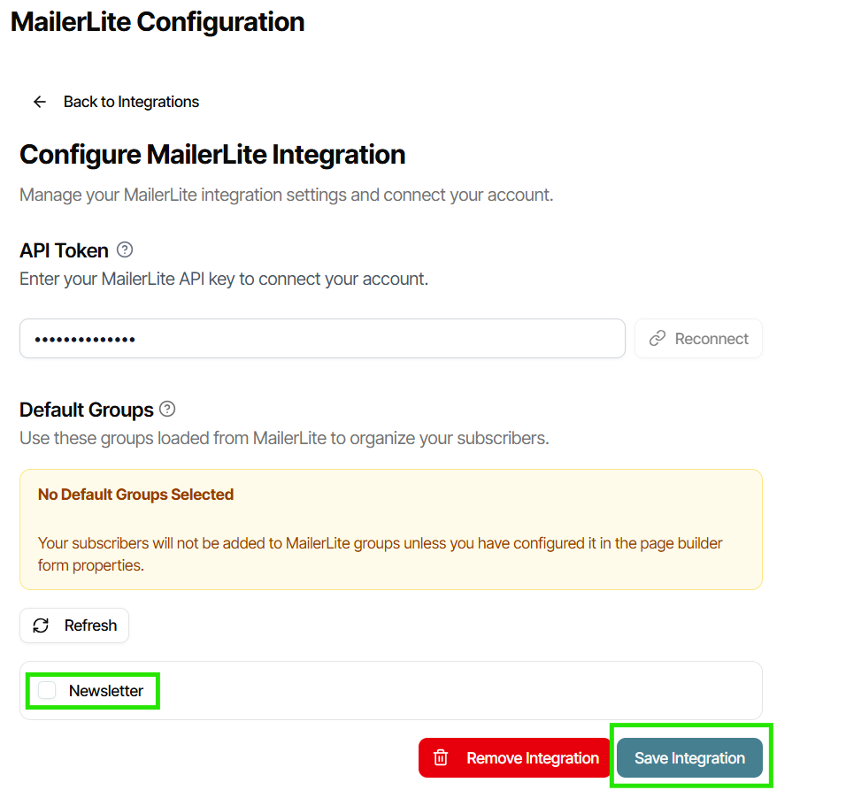 The Bookshelf's MailerLite Configuration page showing the "Default Groups" options.