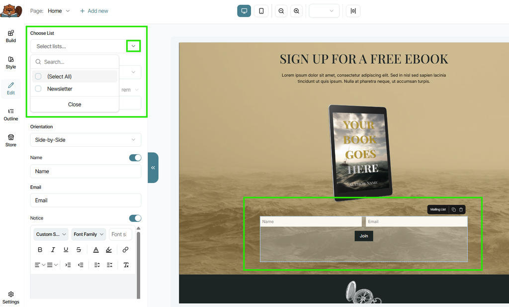 A mailing list element open in the Page Builder with the "Choose List" option highlighted.