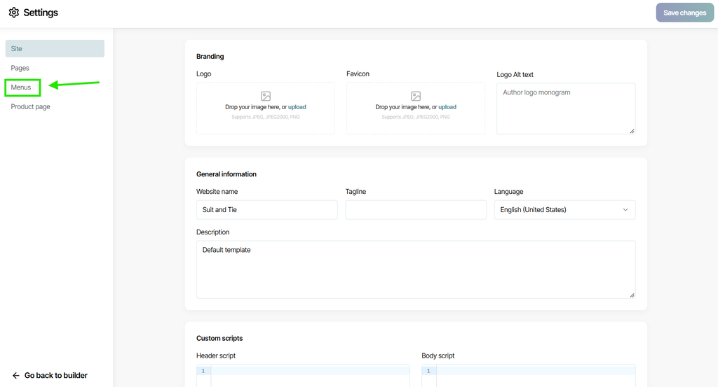 The Settings page open with the Menus option highlighted.