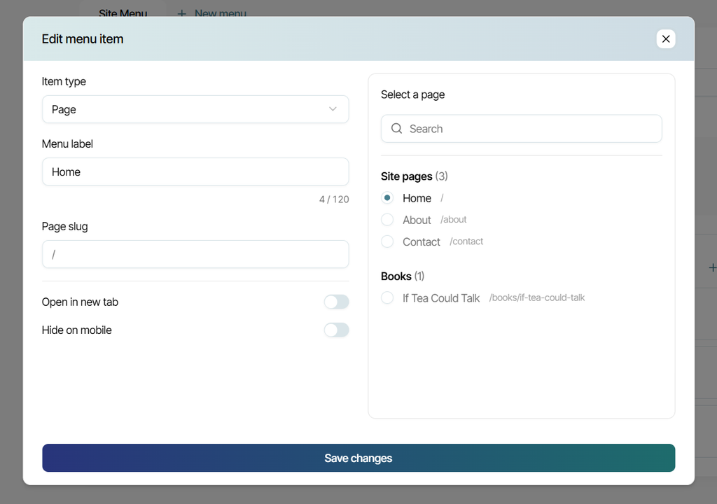 The menu item pop up window showing edit options.