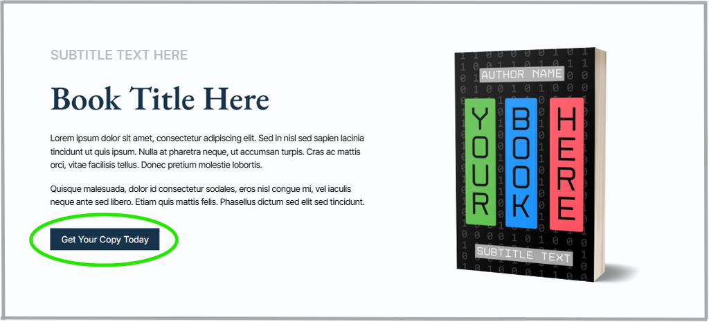 A sample website section featuring a book, with a "Get Your Copy Today" button highlighted.