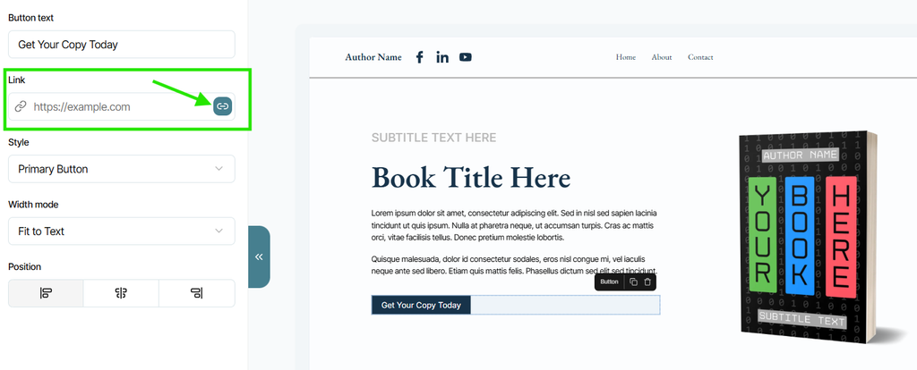 The Link edit option highlighted with a green arrow pointing to the blue link button.