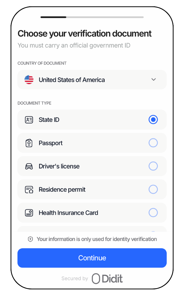 Didit country and ID selection on a phone screen.
