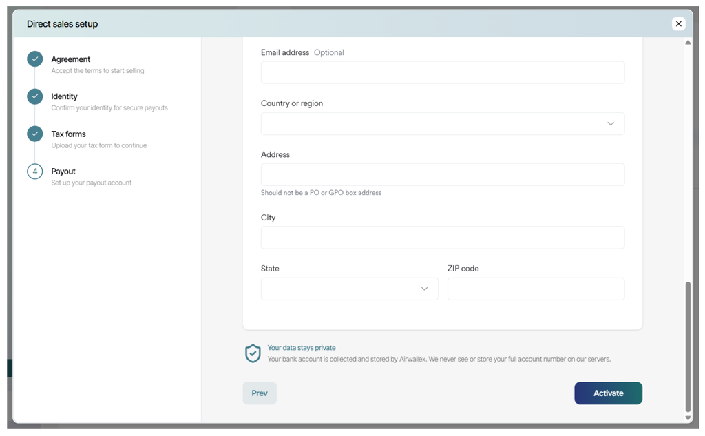 Example bank payout associated address screenshot.