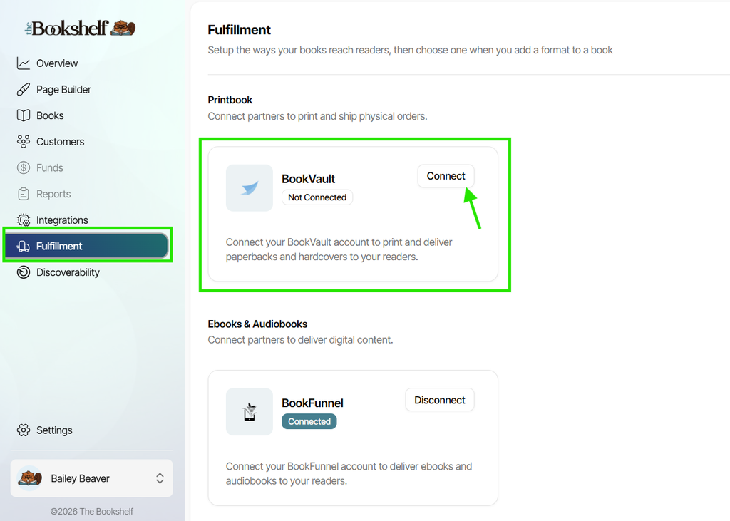 The Bookshelf fulfillment page open with the Bookvault integration section highlighted.