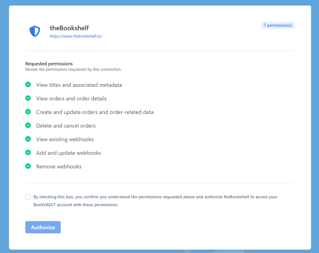 Bookvault's Bookshelf integration permission screen