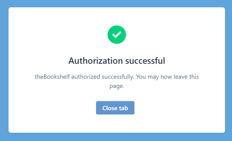 Bookvault's "Authorization successful" screen