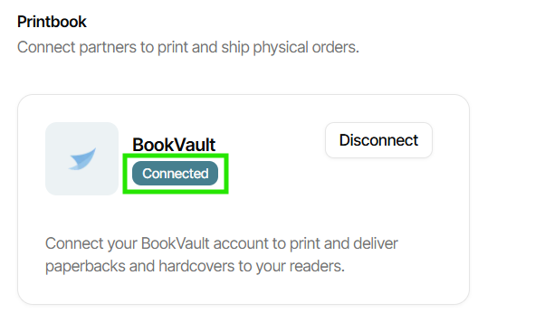 The Bookvault integration in The Bookshelf showing as "Connected"