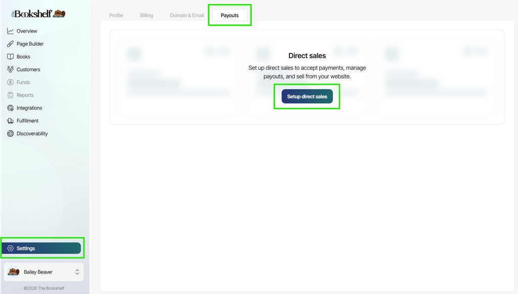 The Bookshelf Settings page showing the Payouts tab highlighted.