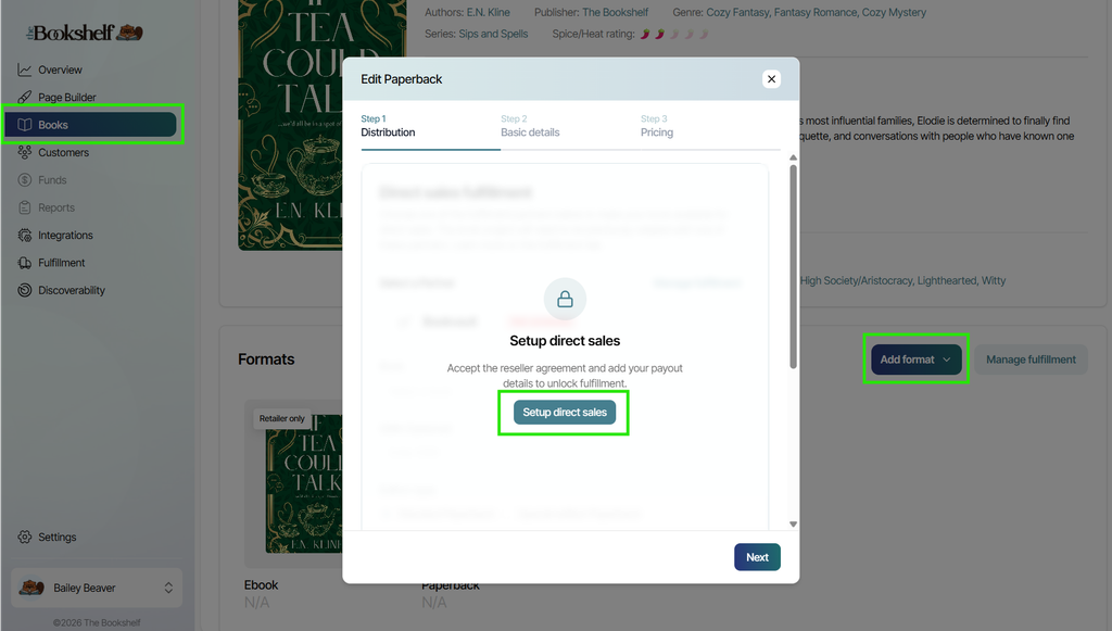 The "Add a format" modal with the "Set up direct sales" button highlighted.
